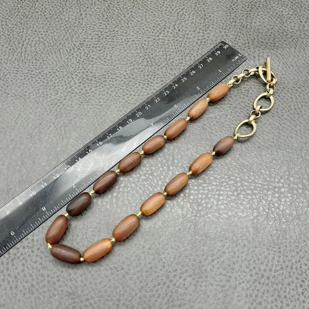 Kenneth Cole New‎ York Necklace Brown Wood Beads Gold Tone Chain Toggle Clasp